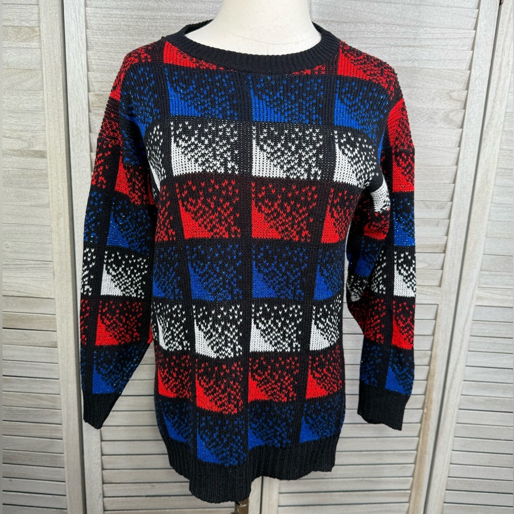 LA VISTA Vintage 80's/90's Crewneck Sweater Geometric w Metallic Thread-S/M